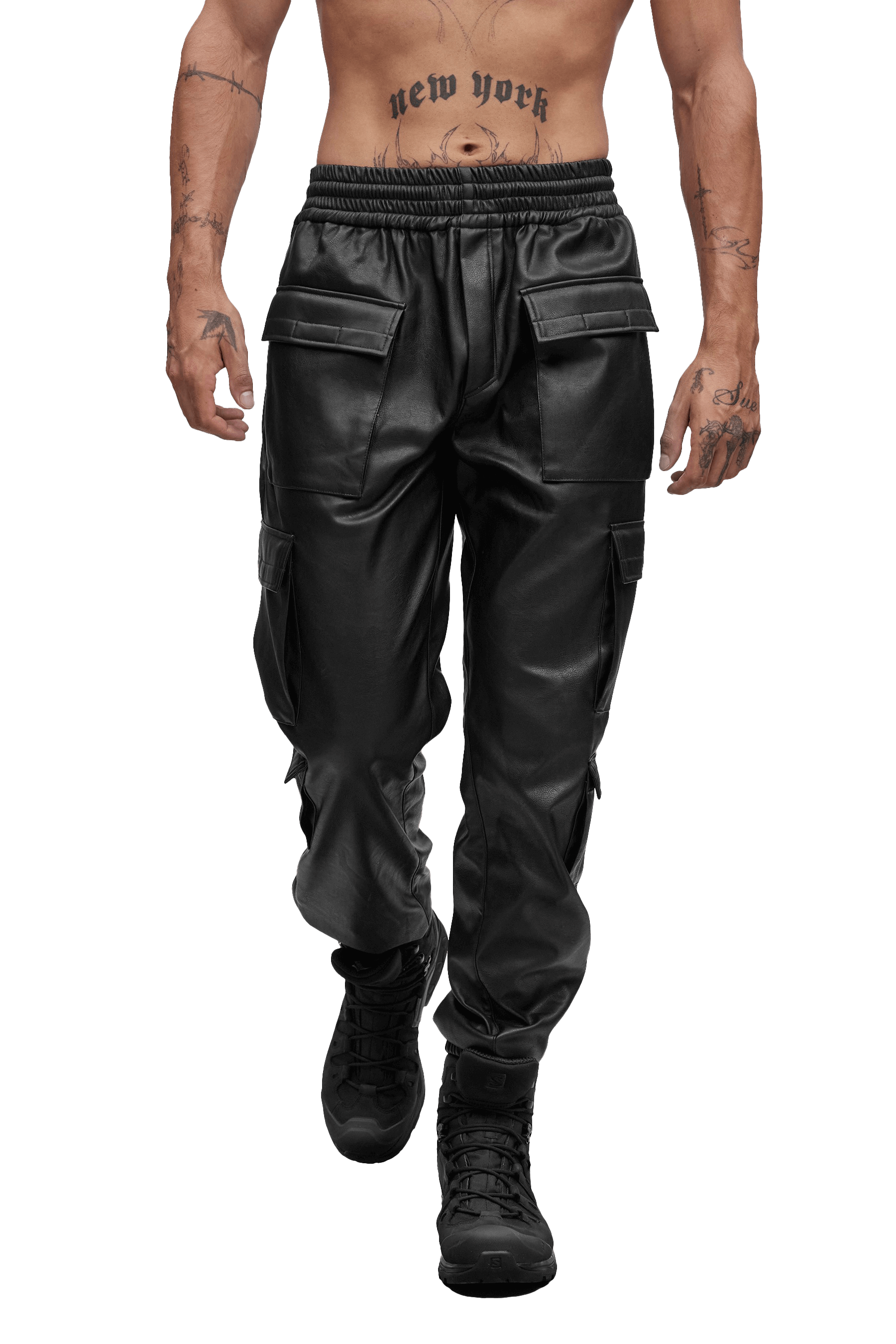 【Ordes】関税/送料込み Faux leather cargo trouser - Black High-Waisted Faux Leather Cargo Pants
